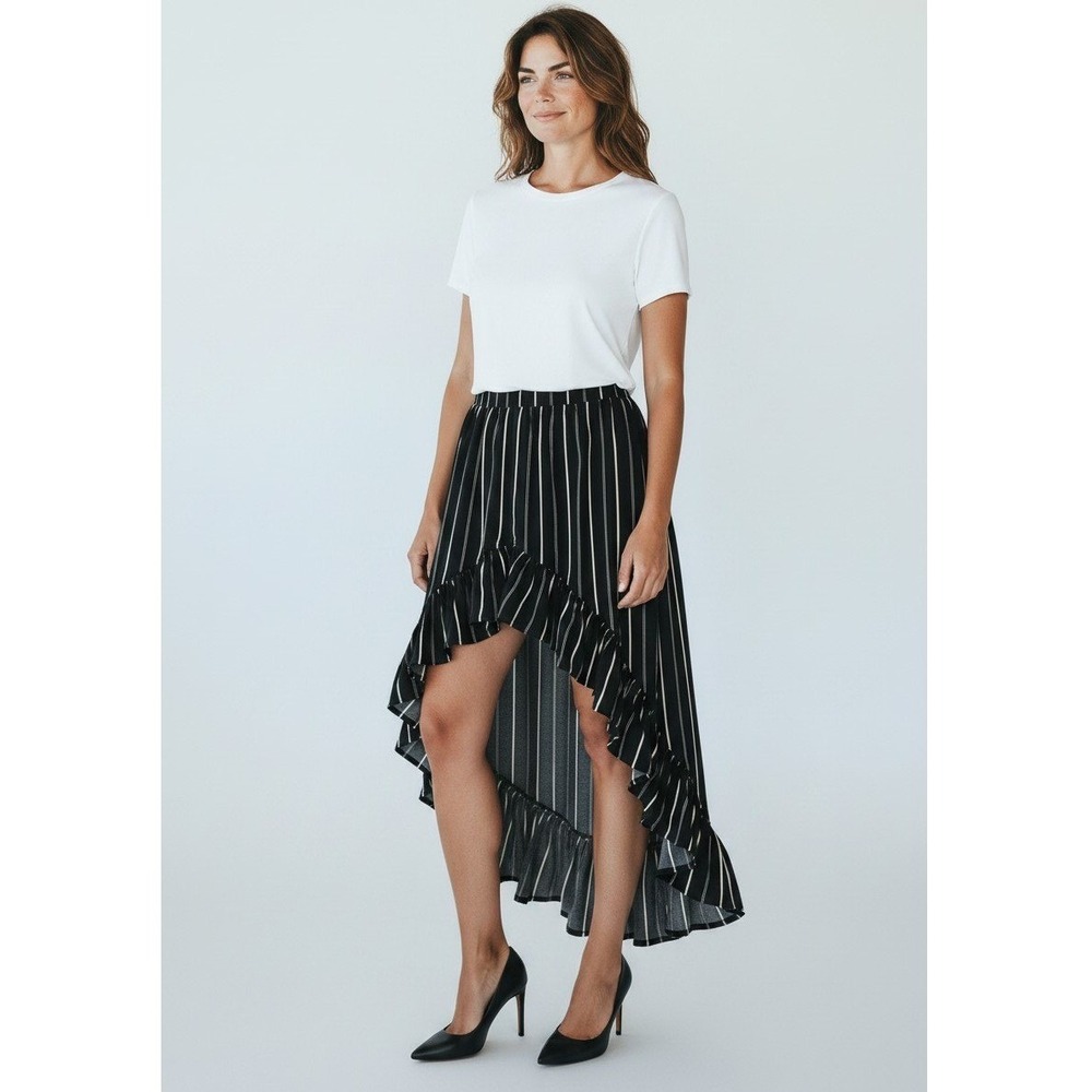 Express Black White Striped High-Low Ruffle Hem Elastic Waist Skirt Women's M